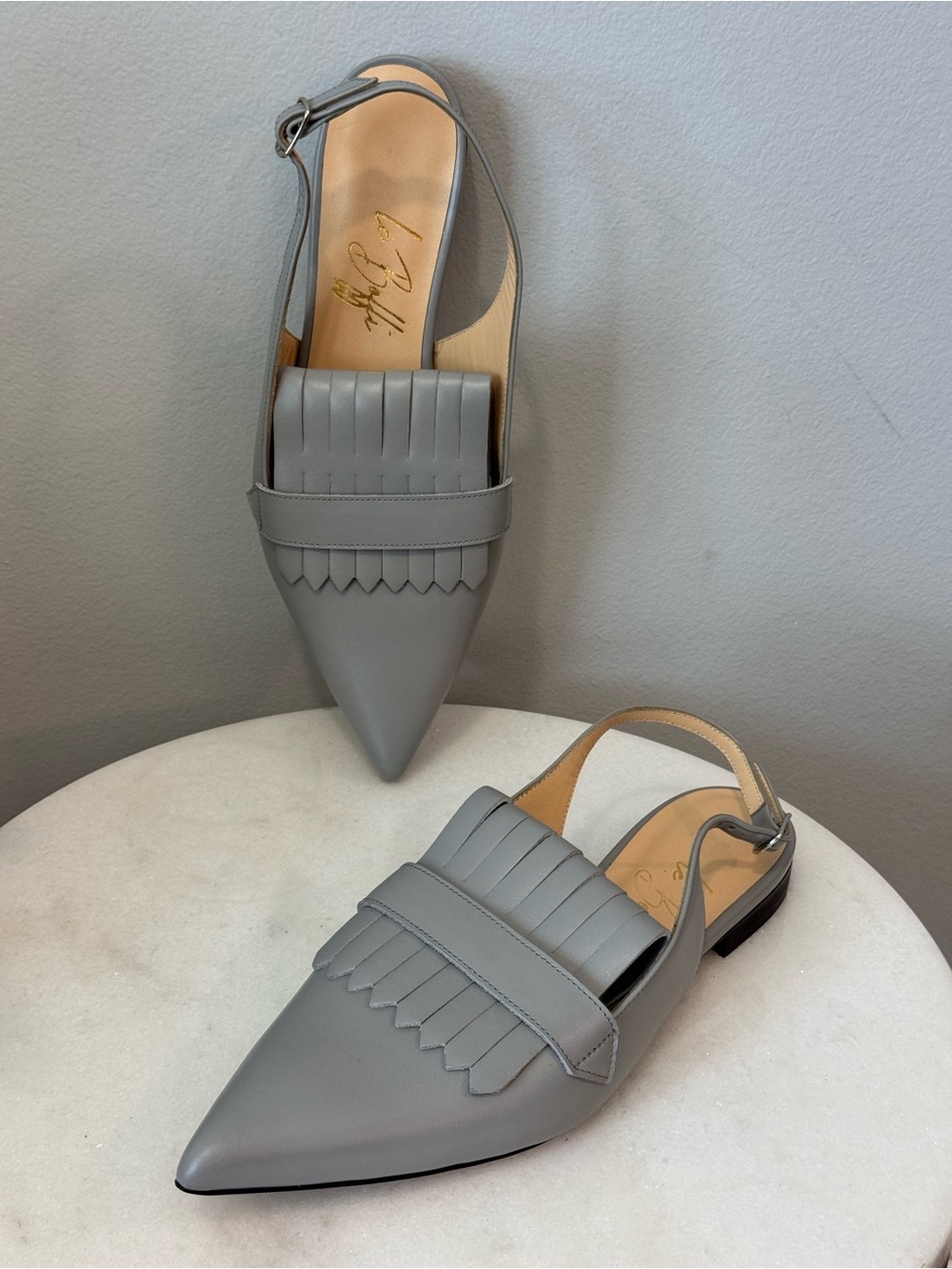 Pointed Gray Slingback Loafer Flats with Fringe Detail